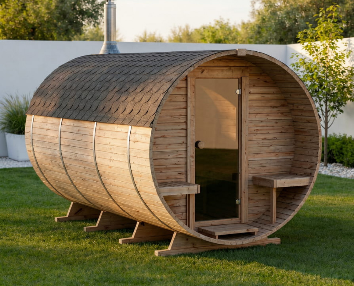 Beczka sauna zewnętrzna 340 cm z piecem na drewno