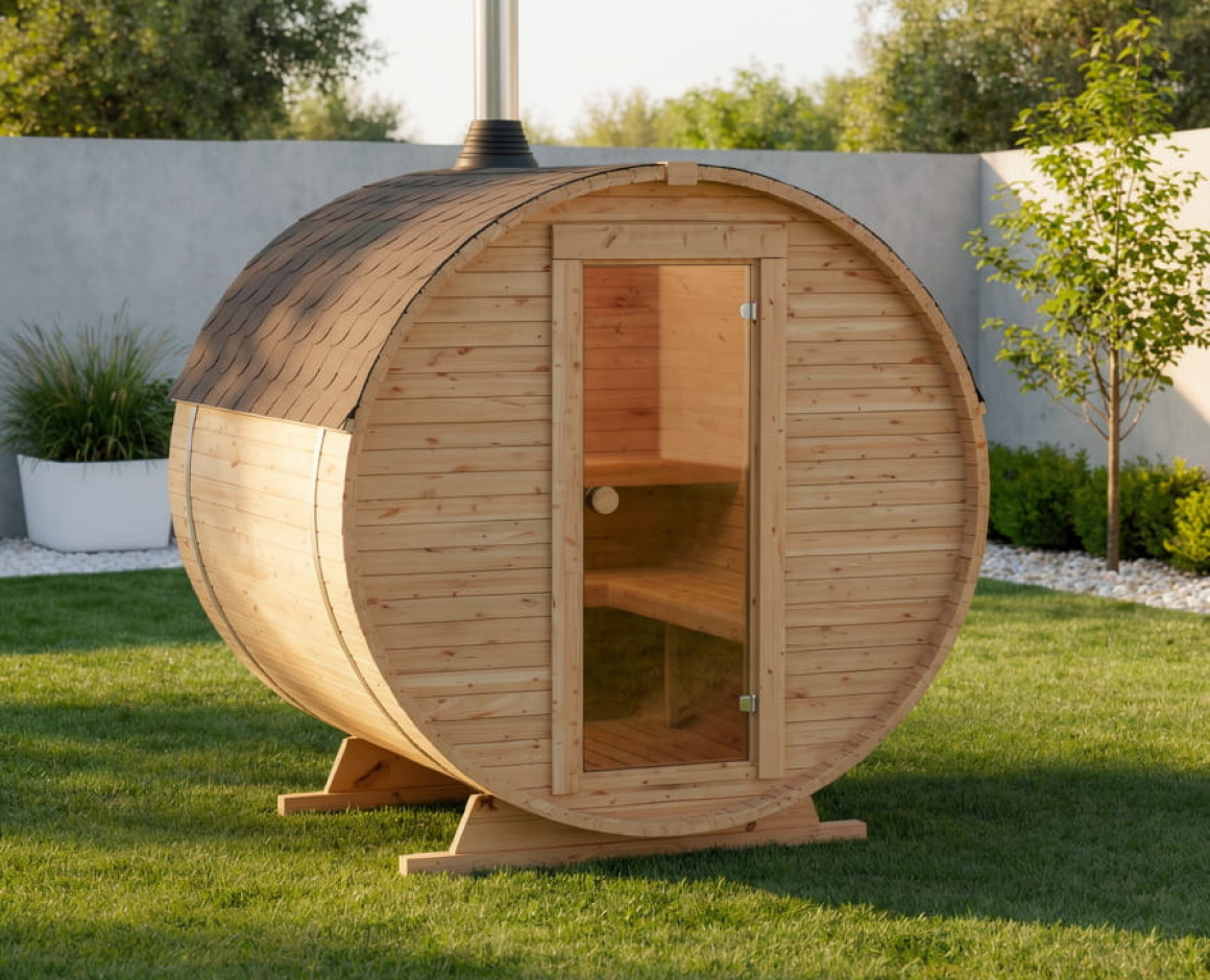 Zewnętrzna sauna beczka 180 cm z piecem opalanym drewnem