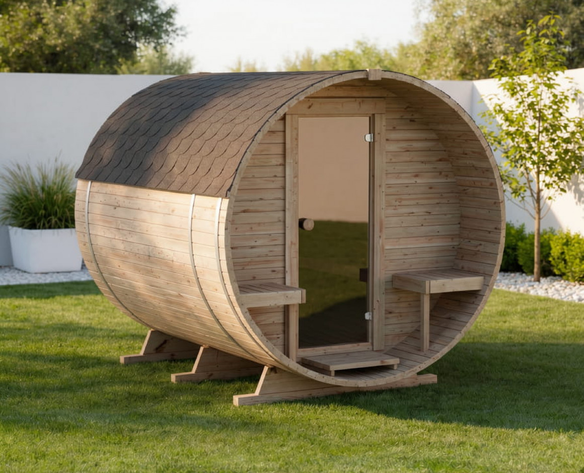 Zewnętrzna sauna beczka 240 cm z piecem elektrycznym